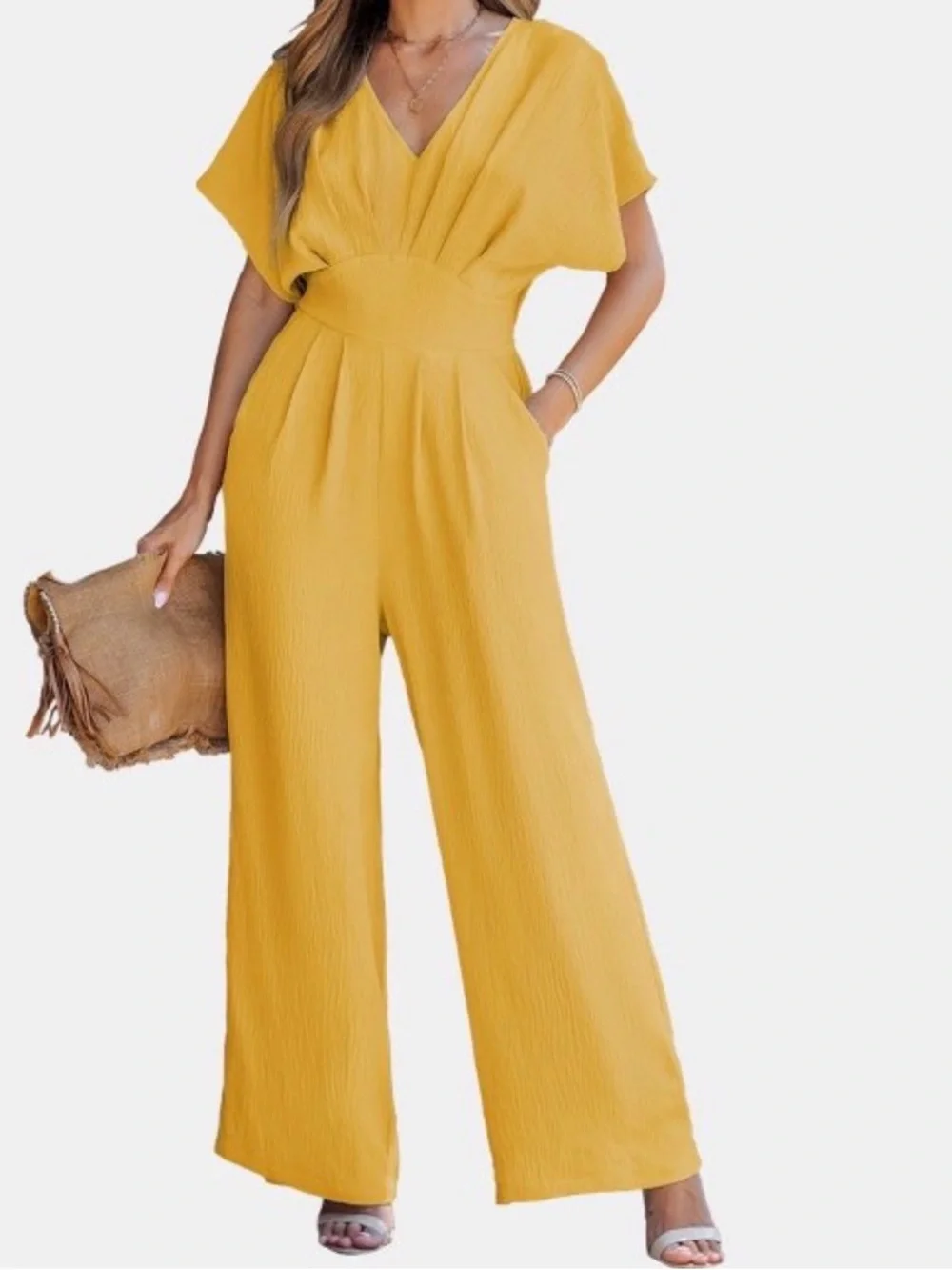 Cupshe Woman’s Breezy Crinkled Chiffon Surplice Neckline Wide Leg Jumpsuit XS - Picture 1 of 6